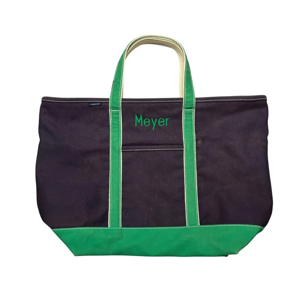 Lands End Black Green Canvas Zip Boat Tote Bag Embroidered Meyer 17x26